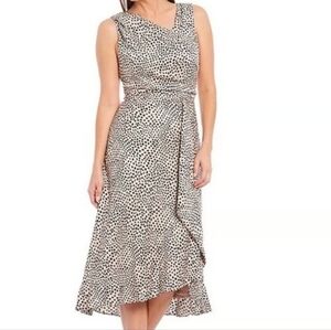 Just Taylor Black Tan Dot Asymmetrical Neckline Ruffle Midi Dress Satin Size 6